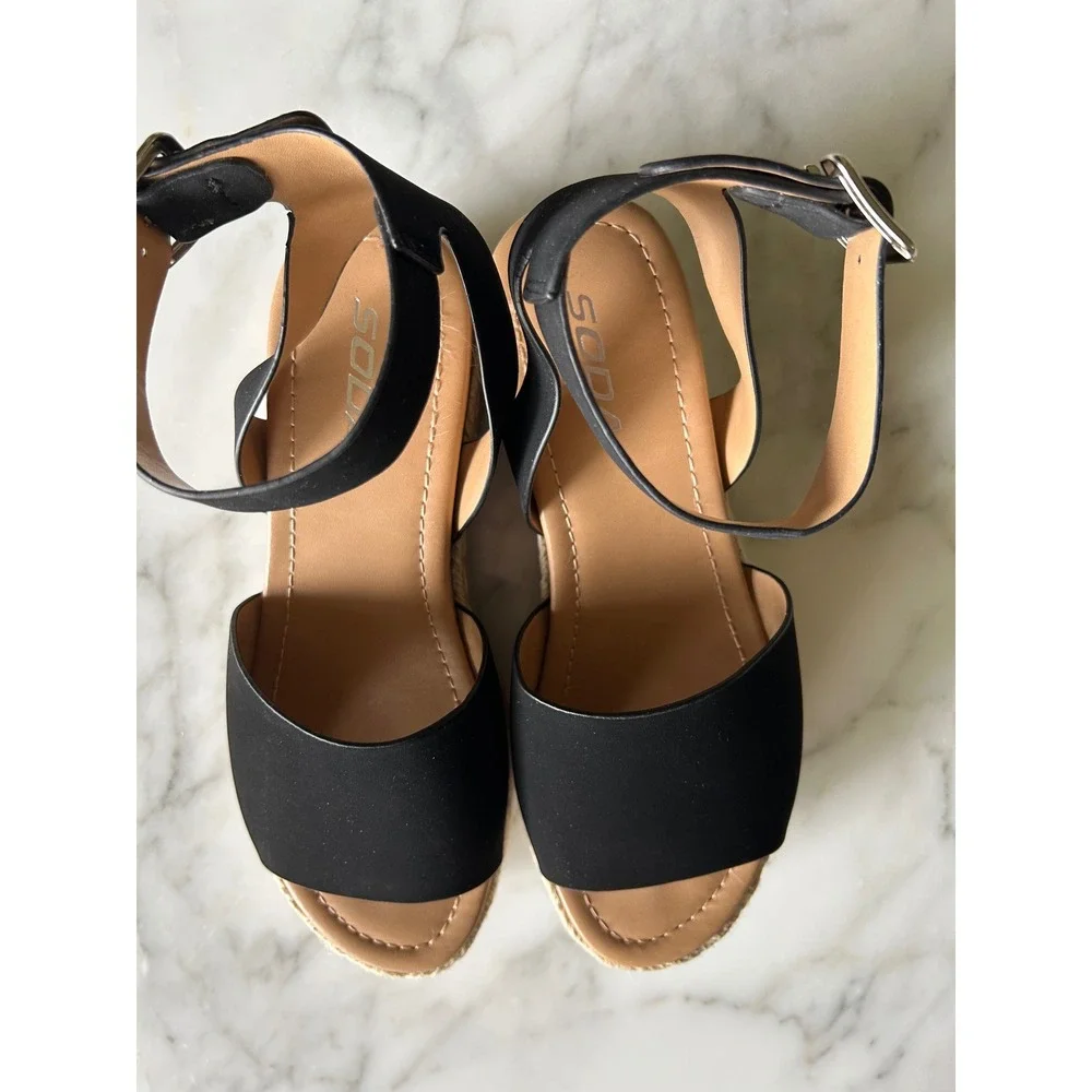Soda Womens Black Espadrille Platform Sandals Ankle Strap Wedge Open Toe 7.5